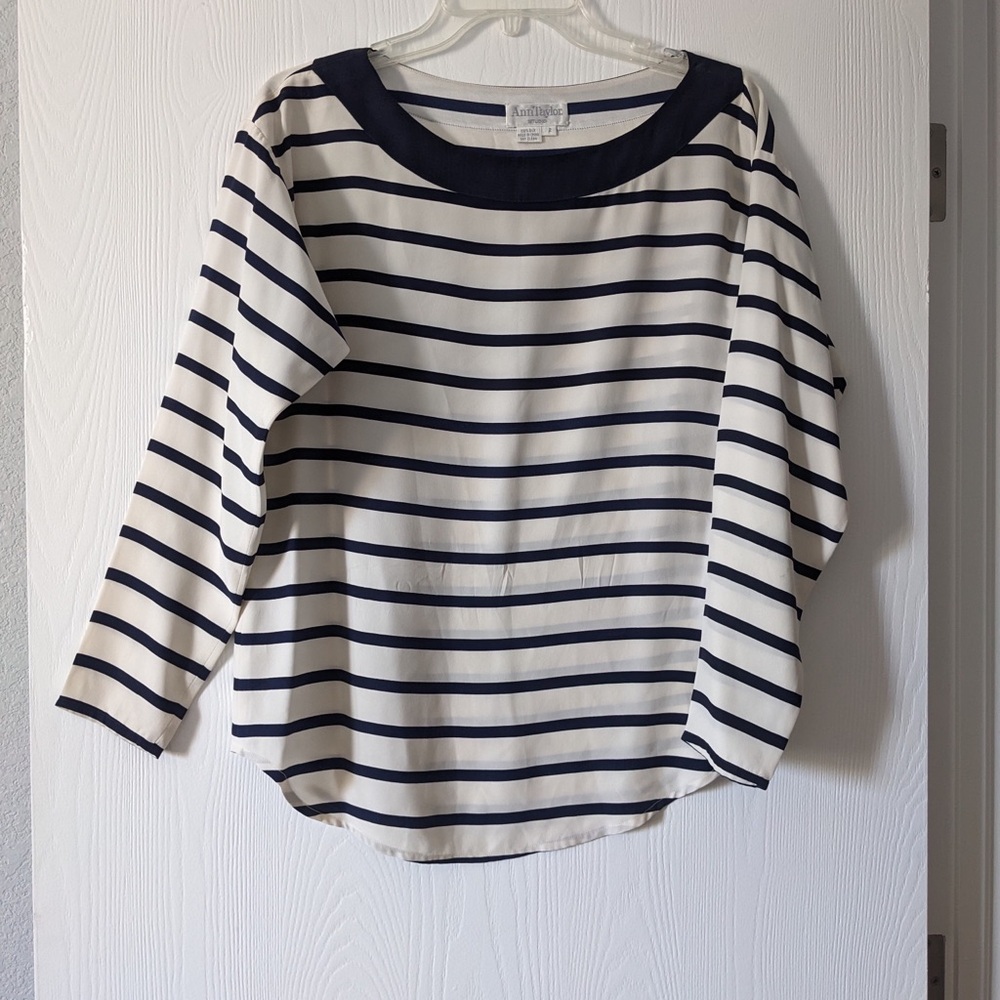 100% SILK Striped Navy and White Blouse NWOT